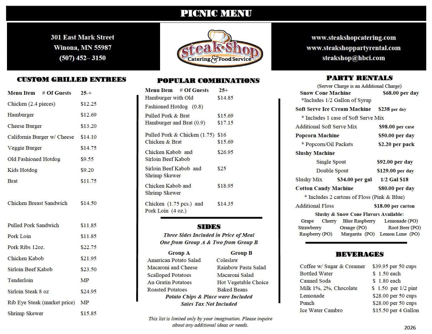 Picnic Menu 2 26 &Ndash; Steak Shop Catering